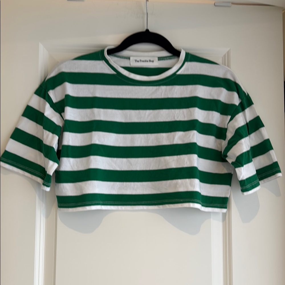 The Frankie Shop Green White Striped Crew Neck Crop Top